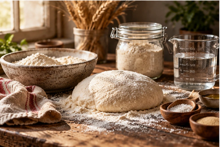 Dough and flour prepared for baking